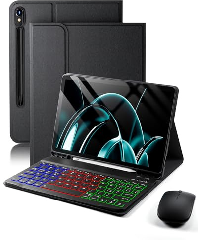para Samsung Galaxy Tab S10 Lite /Tab S10 FE /Tab S9 FE /Tab S9 /Tab S8/Tab S7 10,9-11 Pulgadas Funda con Teclado inalámbrico Bluetooth retroiluminado (Teclado QWERTY, distribución española) y ratón