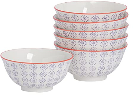 Nicola Spring Patterned Cereal Bowl - Purple - 16cm - Pack of 6 - Hand Printed Japanese Style Porcelain Serving Bowls for Dessert, Pasta, Cereal, Salad, Noodles, Soup