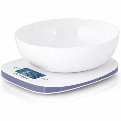 Orbegozo PC 1014 - Báscula de Cocina, Digital, Bol de Pesaje de 1,5 litros, Capacidad Máxima 5 Kg, Escalado 1 g, Función Tara, Acero, Blanco