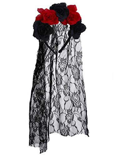 DEGUISE TOI - Serre-tête fleurs avec voile dentelle adulte - Serre-tête - Taille Unique - Noir - Accessoires pour déguisement - Plastique et Polyester - - Halloween-carnaval