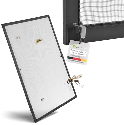Juskys Fliegengitter Fenster 120x140 cm – Insektenschutz mit Alu Rahmen zum Einhängen, Montage ohne Bohren, Mücken- & Fliegenschutzgitter – Grau