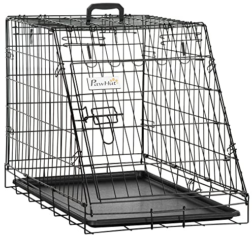 Pawhut Metal Collapsible Car Dog Cage Crate Transport Folding Box Carrier Handle Removable Tray, 93 x 58 x 65cm, 9 kg