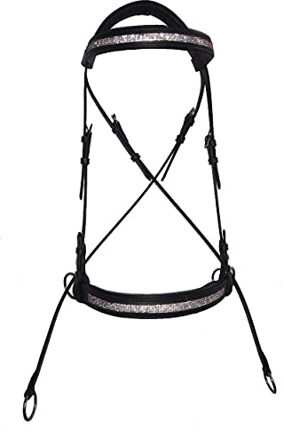 Countrypride LEATHER PADDED CRYSTAL BITLESS BRIDLE WITH SUPER GRIP RUBBER REINS (BLACK, FULL)