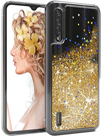 EAZY CASE Hülle kompatibel mit Xiaomi Mi 9 Lite Schutzhülle mit Flüssig-Glitzer, Handyhülle, Schutzhülle, Back Cover mit Glitter Flüssigkeit, TPU/Silikon, Transparent/Durchsichtig, Gold