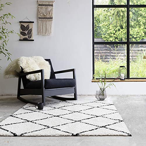 FRAAI Teppich Hochflor Quadrat - Grand Lines Creme Schwarz 100x100cm - Kariert, Gestreift, Shaggy - Modern - Wohnzimmer, Esszimmer, Schlafzimmer - Fellteppich - Rug