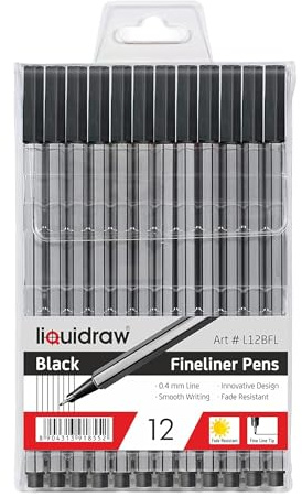 Liquidraw Black Fineliner Pens - 12 Set | Fine Point 0.4 mm Tip | Storage Wallet | Black Coloured Pens For Artists, Handwriting, Drawing, Calligraphy, Sketching | Ergonomic Design | Fade Resistant Ink