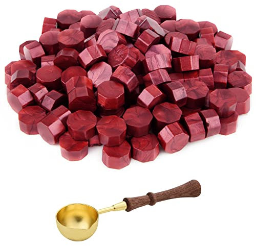 ASTARON 300 Stück Siegelwachs Rot, Siegelwachs Perlen mit 1 Wachsschmelzlöffel, achteckiges Wachssiegel-Set für Einladungen, Karten, Umschläge, Weinpakete, Geschenkverpackungen