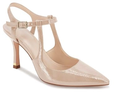 Coutgo Womens High Heels Pointed Toe Ankle Strap Pumps Patent Leather Sexy Stiletto Office Wedding Dress Shoes, Nude, Size 7.5