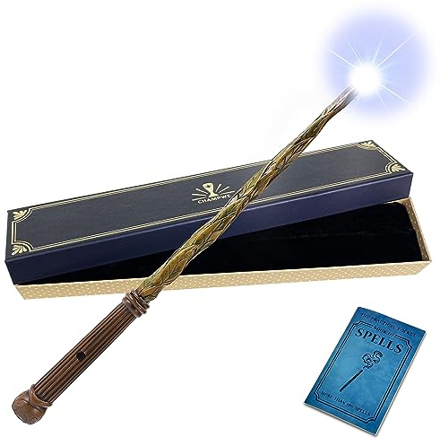 ChampWe Light Up Magic Wizard Wand Rechargeable Illuminating Toy for Kids Witch Collection Cosplay Accessories with Spellbook and Gift Box (Leaf)
