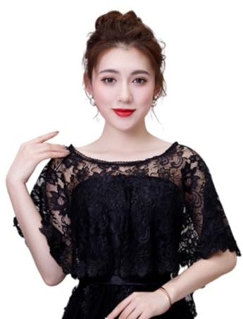 SamHeng Cape de Mariage pour Mariée, Élégant Fleur Brodée Boléro Femmes Châle Wrap Shrug Cache-épaule Dames Manteau pour Robe de Soirée Formel Demoiselles d'honneur Costume de Fête (Noir)