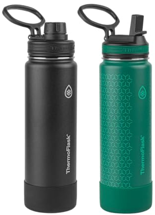 ThermoFlask Stainless Steel Water Bottles 2-Pack - Double-Wall Vacuum Insulated 24 oz BPA-Free Spout Lids - Keeps Drinks Cold 24 Hrs, Hot 12 Hrs - Leakproof, Dishwasher Safe, Black/Malachite