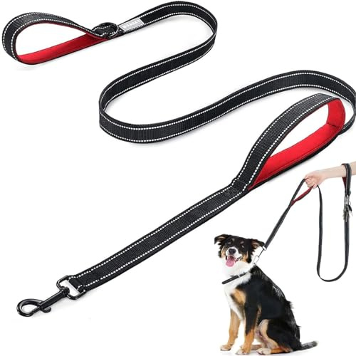GWAWG 1.8m Durable Laisse Chien Nylon Réfléchissante Nocturne Longueur Réglable avec Confort Double Poignée Rembourée Robuste pour Chiens Petits Moyens et Grands(Rouge-Noir)