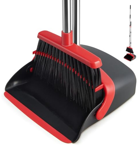 XXFLOWER Long Handle Dustpan and Brush Sets, Broom and Dustpan Set with Comb Teeth, Sweeping Brush Set for Indoor Kitchen Lobby Office Sweeping Pet Dog Hair, Household Cleaning Supplies(Black Red)