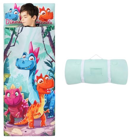 Dinosaures Sac de Couchage Chaud pour Enfants avec Oreiller Amovible, Tapis de Sieste Pliable pour Filles et Garçons, Couverture de Sieste avec Double Fermeture Eclair pour Camping Ecole Garderie