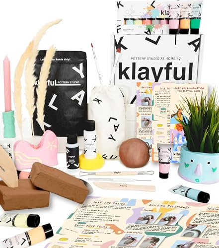 Klayful-Töpferset für Anfänger | Lufttrocknendes DIY Set für Erwachsene | 3kg of ton,Werkzeuge,Acrylfarben,Pinsel, Dichtmittel,Anleitung (1,5 kg Ton Terrakotta – Pastellfarben)