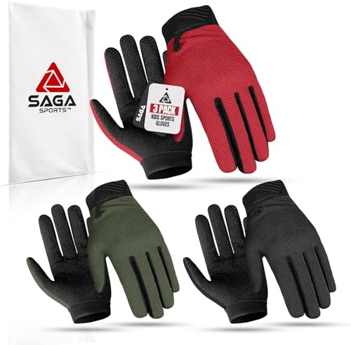 Kids Cycling Gloves - Full Finger Bike Gloves for Boys & Girls, Non-Slip Motorbike Gloves for BMX, MTB, Scooter & Outdoor Sports (Army Green | Black | Red, X-Large [10-12])