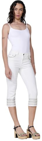 Koroshi Pantalón Capri Mujer Push up con Bordado y Brillos en el bajo Blanco, de Color Blanco/White, Talla 36