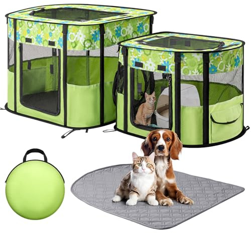 Portable Cat Playpen with Separate Areas, Foldable Indoor Outdoor Cat Enclosure, Portable Pet Tent for Kittens and Small Animals, Collapsible Tent Kennel Cage House with Tent Pegs and Carry Bag