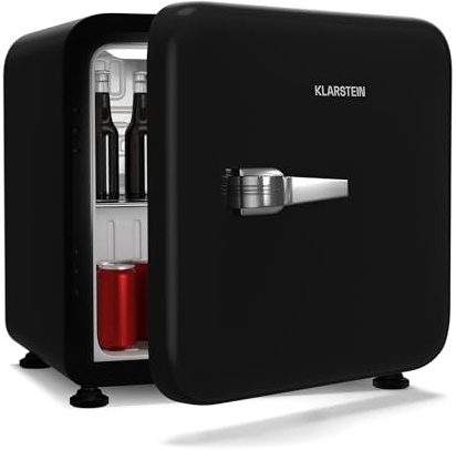 Klarstein Audrey Evo 43L Mini Kühlschrank - Retro-Design, Leise 40 dB, Kompressor, Verstellbare Füße, Wendetür, Kühlschrank Klein für Schlafzimmer und Büros, Schwarz