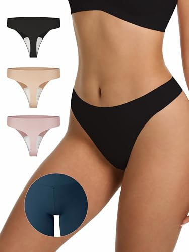 LUCKMEEY Cotton Thongs for Women Seamless Thongs for Women No Show Thong Panty Liners Workout G-String Thongs Underwear 3P-Black+Oatmilk Skin+Peach Pink Medium