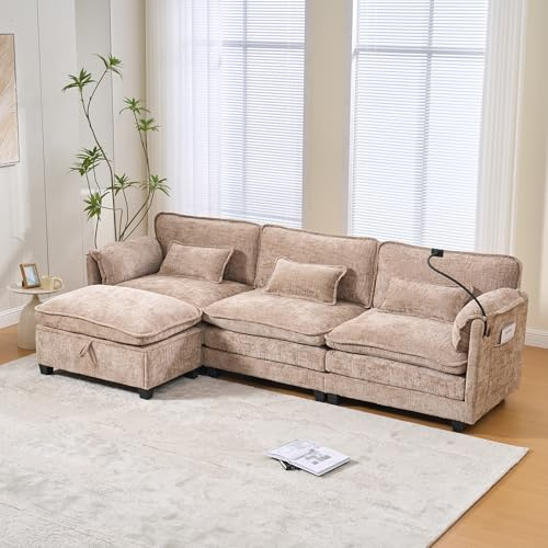 FammyLoft Schlafsofa mit Bettkasten, Modulares Sofa mit Hockern, Ecksofa mit Schlaffunktion, mit USB-Anschluss, Seitentasche, Handyhalter, Ideal für Wohnzimmer und Home-Office, Khaki