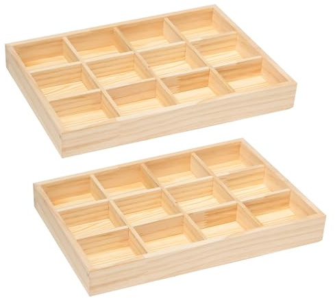 Sixfolo 2 Stück Aufbewahrungsbox Holz mit 12 Fächern 30x20x3.5cm Unvollendete Setzkasten Holz Kleine Holzkiste mit Fächern für Kleinigkeiten Schmuck und Sammlerstücke