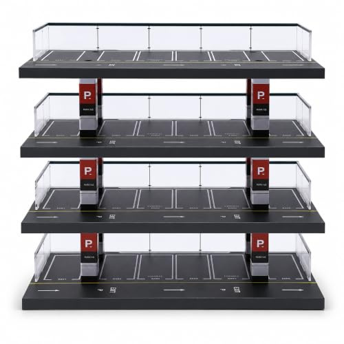 1/64 Scale Diecast Model Car Display Case,4 Levels Parking Garage Diorama with 24 Parking Spots,Wooden Acrylic Toy Car Organizer,One-Way Lane Design,Transparent Fence,Black Storage Showcase
