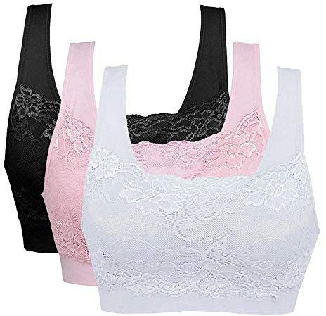 Vertvie Womens Strech Ohne Buegel Push up Yoga Sports BH Bra Top Set Fuer Fitnesstraining Polsterung 3er Pack (EU M/Tag L, Schwarz+Rosa+Weiß)