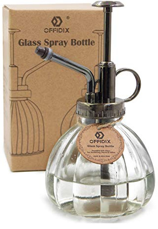 OFFIDIX Transparent Glass Watering Spray Bottle, 6.3 Inches Tall Vintage Style with Bronze Plastic Top Pump One Hand Plant Mister Glass Watering Can Indoor