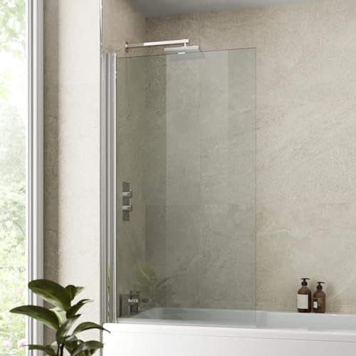 Luxura® 1400 x 800mm Chrome Over Bath Shower Screen Folding Hinged Door Glass Panels & Screens for Baths, Bathroom Frameless Square Design, 6mm Toughened Safety Glass, 180° Pivot