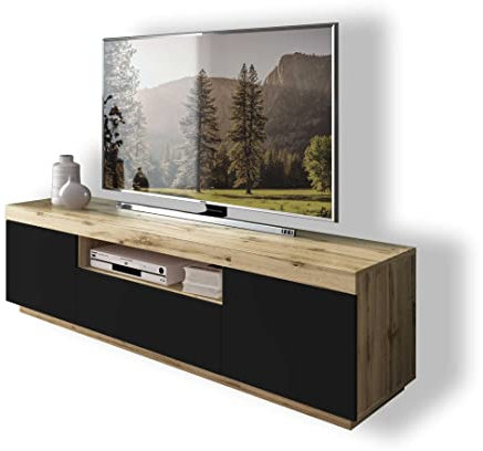 lukmebel Yoshi TV-Schrank Eiche Wotan Schwarze Fronten Fernsehschrank mit Schubladen und Push to Open System TV- Bank Sideboard Lowboard Wohnwand