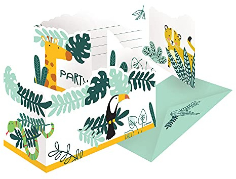 amscan 9909356 Lot de 8 Cartes d'invitation Get Wild avec enveloppes en Papier pour Anniversaire d'enfant, 10239484, Multicolore