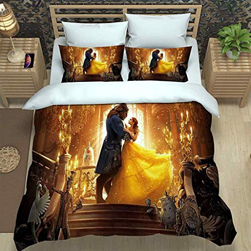 UQZHZL Juego de Ropa de Cama de 135x200 cm (Cama 90) La Bella Y La Bestia Funda de Edredón para Niños y Adolescentes Juego de Ropa de Cama Microfibra con Cierre de Cremallera con 2 Fundas de Almohada