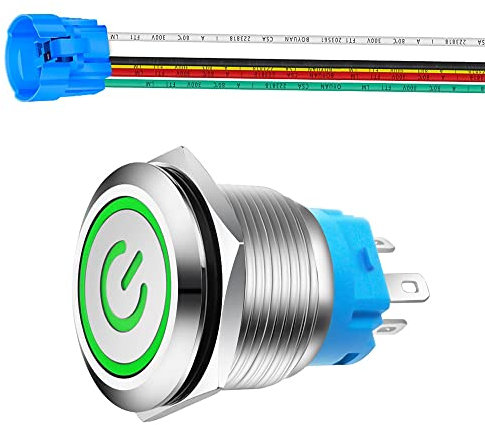 Gebildet 0.87''/22mm Edelstahl Druckknopfschalter 230V AC 3A Betriebssymbol LED 1NO1NC SPDT An Aus Wasserdichter Kippschalter mit Kabelbuchse Stecker (Grün LED)