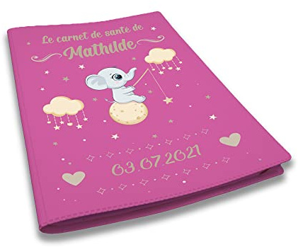 Protège carnet de santé personnalisé, idée cadeau personnalisable bébé, cadeau naissance original, Housse carnet de santé Éléphant Lune - CL0007a (Fuchsia)