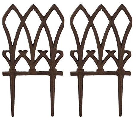 Relaxdays Beetzaun, 2 Zaunelemente je HxB: 33,5 x 17,5 cm, Steckzaun mit Verzierung, Beeteinfassung, Gusseisen, braun