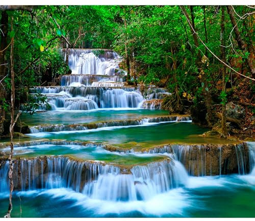 decomonkey Fototapete Wasserfall 350x256 cm Tapete Fototapeten Vlies Tapeten Vliestapete Wandtapete Moderne Wand Wandbild Schlafzimmer Wohnzimmer Wald Flu?? Dschungel Thailand Asien Natur Blau Grün