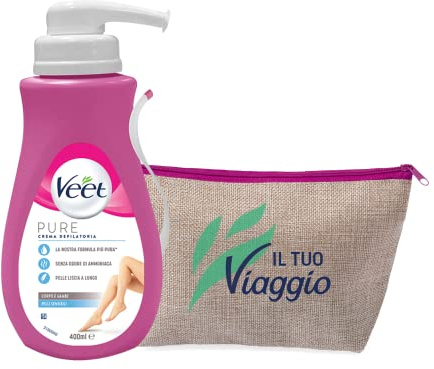 Veet Crema Depilatoria Corpo e Gambe Pelli Sensibili 400ml + Pochette da viaggio