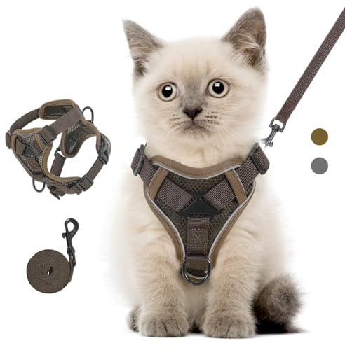 VavoPaw Katzengeschirr mit Leine Ausbruchsicher, Verstellbar Katze Brustgeschirr mit Reflektierend Streifen & Atmungsaktiv Netzgewebe, Weich Haustier Geschirr für Katzen Kätzchen Welpen, S Kaffee