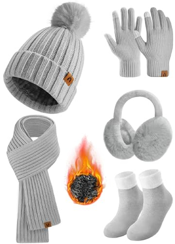 HEEKPEK Winter Beanie Hats Scarf Gloves Ear Muffs Fuzzy Socks 5pcs Set for Women Cold Weather Beanies Touch Screen Gloves (Grey)