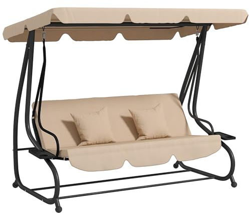 Outsunny Dondolo da Giardino 3 Posti Convertibile in Letto con Tetto Regolabile e Portabicchieri, Dondolo da Esterno in Acciaio e Poliestere, 200x120x164 cm, Marrone Chiaro