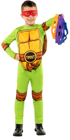 Funidelia Déguisement Officiel des Tortues Ninja pour Garçon et Fille avec combinaison, carapace et 4 masques, Tenue de Ninja Enfant, Déguisements de Carnaval, Halloween et Fêtes – Taille 10-12 ans