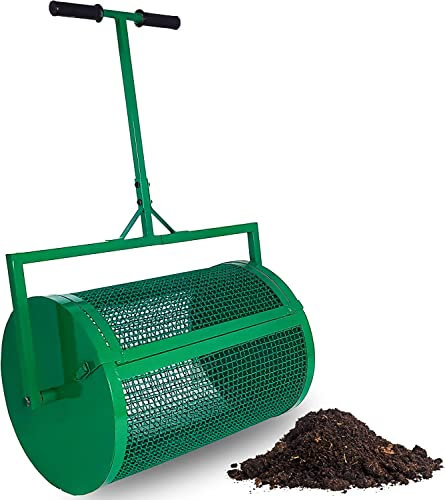 Esparcidor de abono de malla metálica de 61 cm para césped y jardín, resistente para tierra vegetal y fertilizante, diseño de empuje para una distribución eficiente