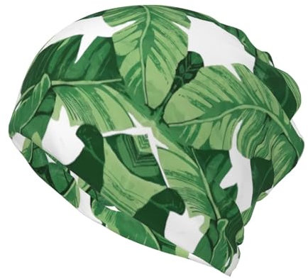 Cute Green Palm Leaves Print Ponytail Beanie for Women,Winter Beanie Hat Face Mask Covering Neck Gaiter for Cold Weather
