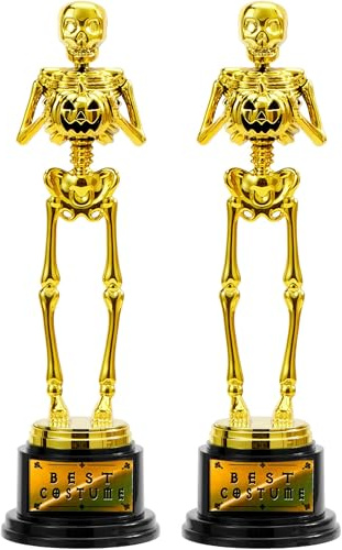 JOYIN 2 PCS Halloween Trophy Awards Best Costume Skeleton 11.25 X 3.5” for Halloween Medals Party Favor Prizes, Golden Costume Contest Trophy, Trick or Treat