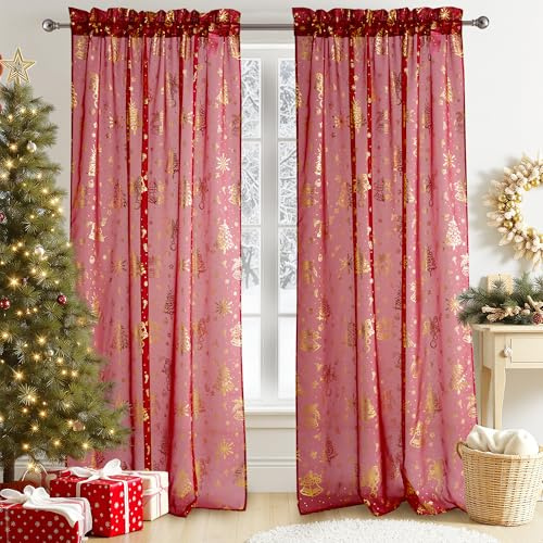 PONY DANCE Red Christmas Net Curtains 52x84 inches - Xmas Gold Foil Snowflake Bell Design, Slot Top Voile Panels for Home Decor, Semi-Sheer Holiday Drapes, Set of 2