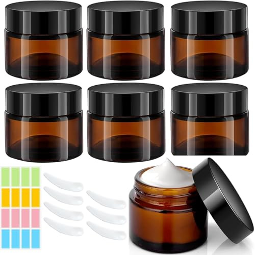 CafullCon Cremedosen zum Befüllen 100ml, 6 Stück Braunglas Salbentiegel, Braun Glastiegel Creme Behälter, Tiegel für Creme mit Aufkleber Kratzlöffel für Kosmetik Cremes Lotionen Ätherische Öle Pulve