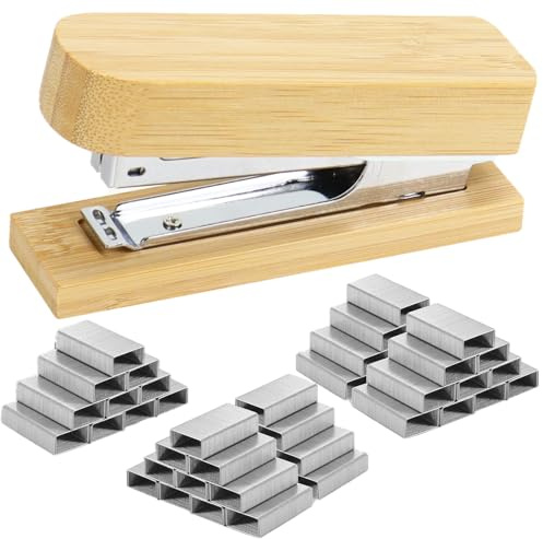 Buqoo Natural Bamboo Wooden Stapler, Cute Heavy Duty Desktop Stapler with 24/6 5000 Staples, 25 Sheet Capacity, Half Strip with Built-in Staples Storage for Home School Office Desk Accessories