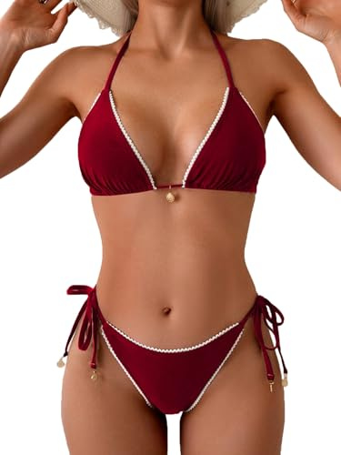 Fanuerg Women's Halter String Triangle Bikini Sets Lace Trim Two Piece Swimsuit Cheeky Swimwear Bathing Suit Wine Red M