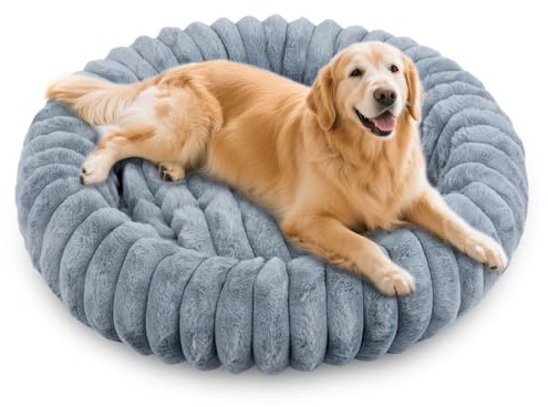 Qoosea Hundebett Katzenbett Flauschig, Dickes Donut Hundekissen mit Nackenstütze, Waschbar Hundedonut mit Rutschfester Unterseite, Hundebetten für Kleine und Mittelgroße Hunde Katzen Grau 60 cm